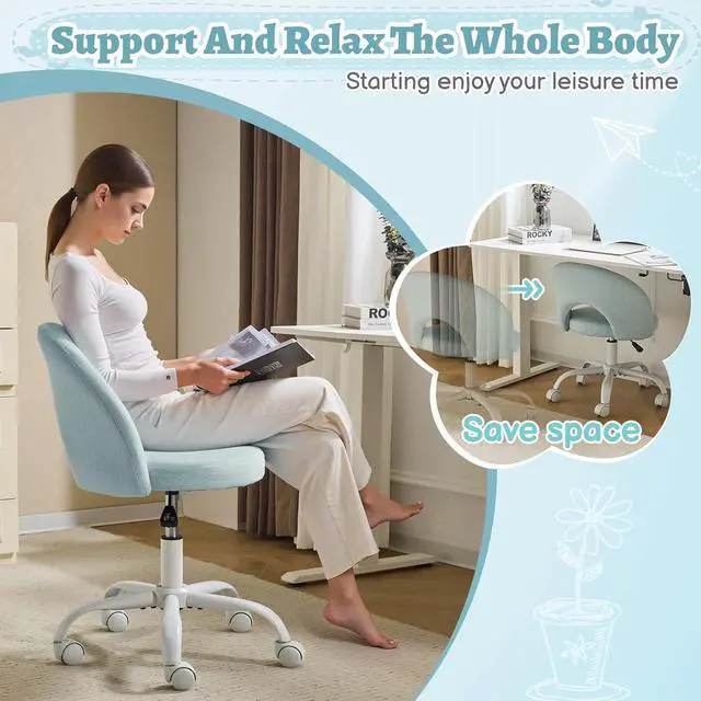 Alt view image 5 of 7 - Small Vanity Chair with Wheels for Girls.Cute Modern Adjustable Height Armless Office Desk Chair.360°Swivel Comfy Rolling Chair for Study, Make up Room,Small Space,Linen Light Blue