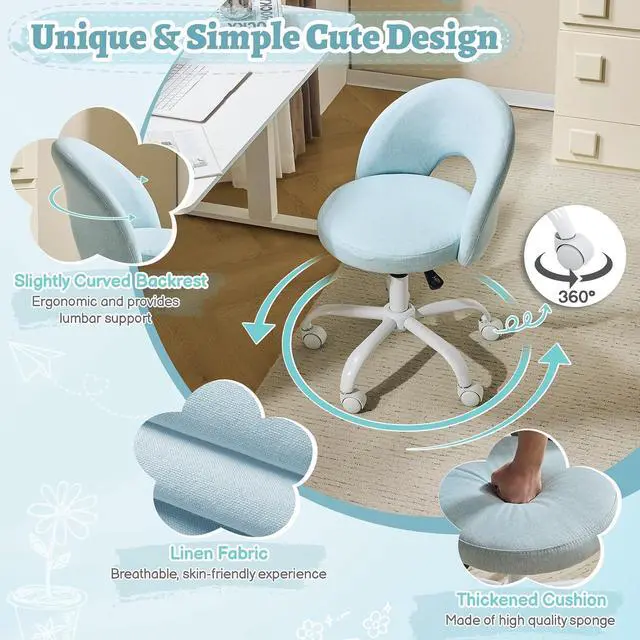 Alt view image 6 of 7 - Small Vanity Chair with Wheels for Girls.Cute Modern Adjustable Height Armless Office Desk Chair.360°Swivel Comfy Rolling Chair for Study, Make up Room,Small Space,Linen Light Blue