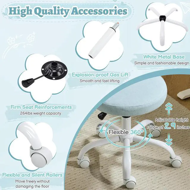 Alt view image 7 of 7 - Small Vanity Chair with Wheels for Girls.Cute Modern Adjustable Height Armless Office Desk Chair.360°Swivel Comfy Rolling Chair for Study, Make up Room,Small Space,Linen Light Blue