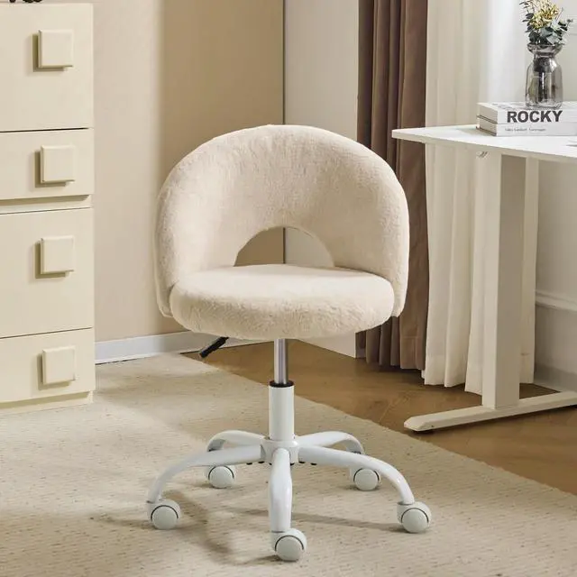 Main image of Small Vanity Chair with Faux Fur Wheels for Girls,Cute Adjustable Height Armless Office Desk Chair,360°Swivel Comfy Rolling for Study,Make up Room,Small Space,Khaki