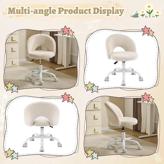 Alt view image 3 of 7 - Small Vanity Chair with Faux Fur Wheels for Girls,Cute Adjustable Height Armless Office Desk Chair,360°Swivel Comfy Rolling for Study,Make up Room,Small Space,Khaki