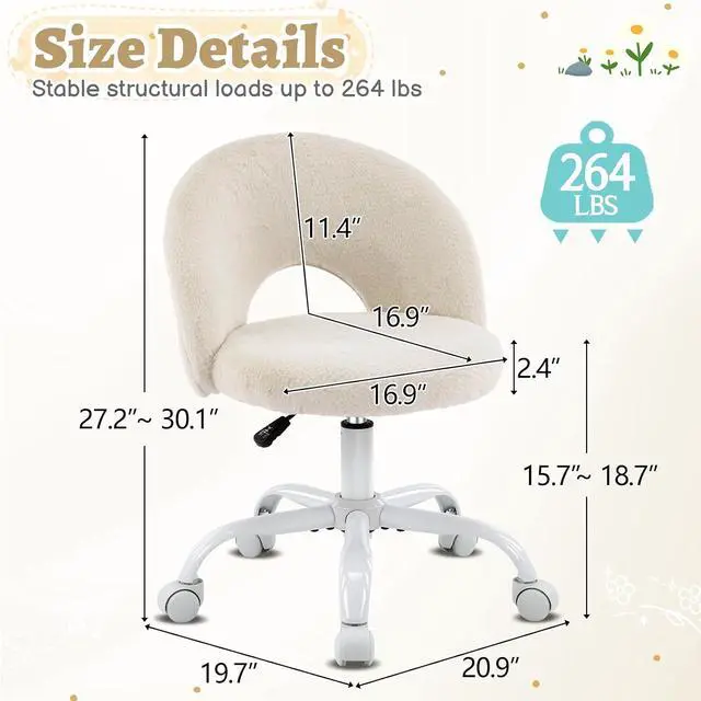 Alt view image 2 of 7 - Small Vanity Chair with Faux Fur Wheels for Girls,Cute Adjustable Height Armless Office Desk Chair,360°Swivel Comfy Rolling for Study,Make up Room,Small Space,Khaki
