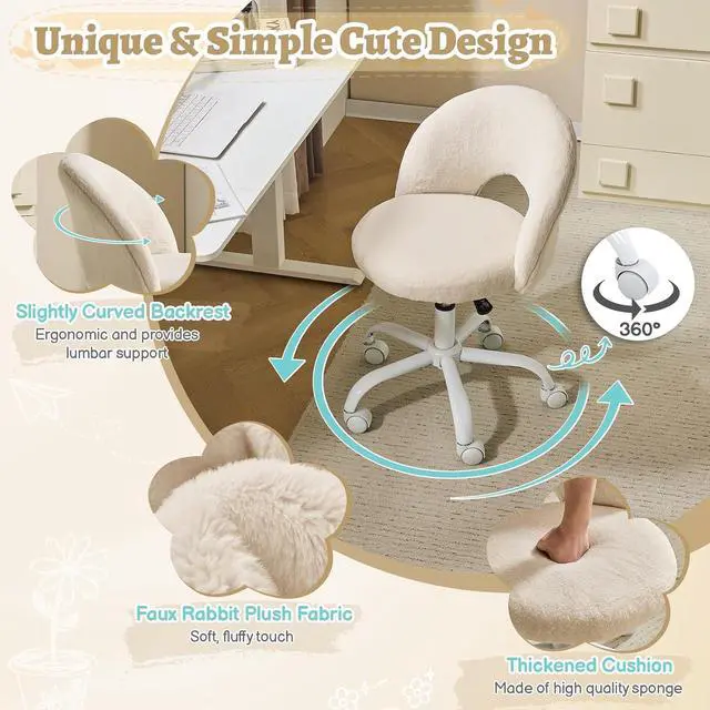 Alt view image 6 of 7 - Small Vanity Chair with Faux Fur Wheels for Girls,Cute Adjustable Height Armless Office Desk Chair,360°Swivel Comfy Rolling for Study,Make up Room,Small Space,Khaki