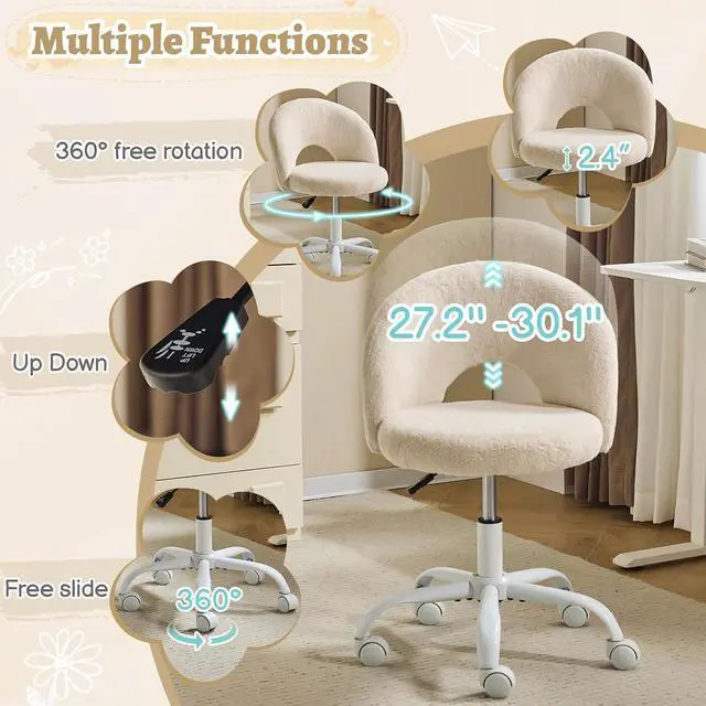 Alt view image 4 of 7 - Small Vanity Chair with Faux Fur Wheels for Girls,Cute Adjustable Height Armless Office Desk Chair,360°Swivel Comfy Rolling for Study,Make up Room,Small Space,Khaki