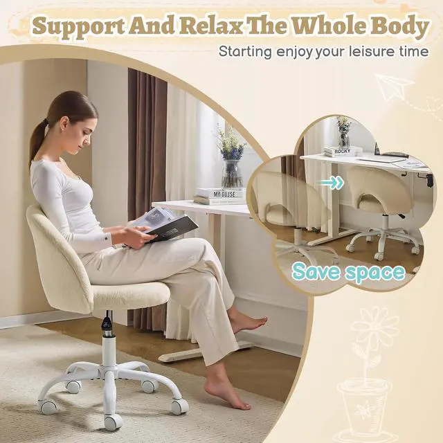 Alt view image 5 of 7 - Small Vanity Chair with Faux Fur Wheels for Girls,Cute Adjustable Height Armless Office Desk Chair,360°Swivel Comfy Rolling for Study,Make up Room,Small Space,Khaki