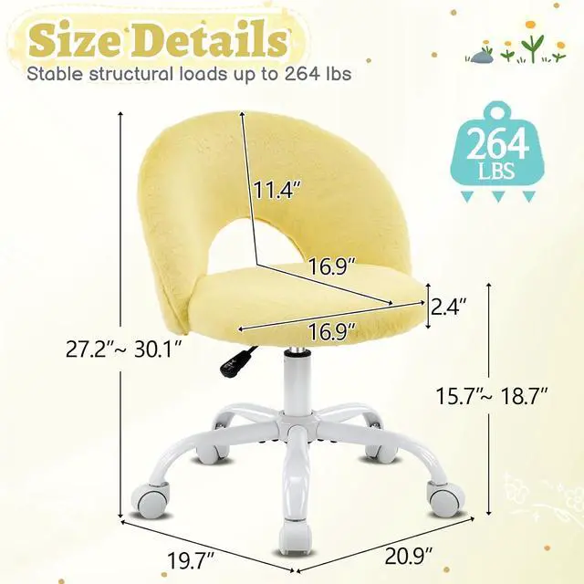Alt view image 2 of 7 - Small Vanity Chair with Faux Fur Wheels for Girls,Cute Adjustable Height Armless Office Desk Chair,360°Swivel Comfy Rolling for Study,Make up Room,Small Space,Yellow