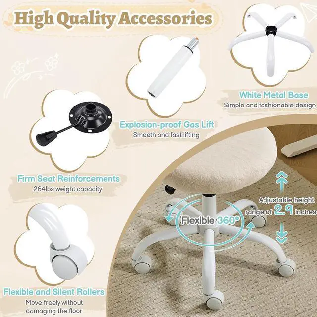 Alt view image 7 of 7 - Small Vanity Chair with Faux Fur Wheels for Girls,Cute Adjustable Height Armless Office Desk Chair,360°Swivel Comfy Rolling for Study,Make up Room,Small Space,Khaki