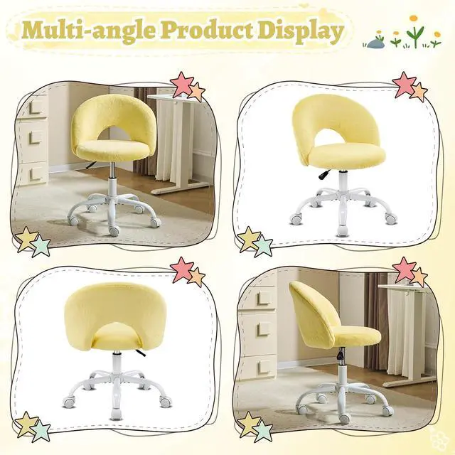 Alt view image 3 of 7 - Small Vanity Chair with Faux Fur Wheels for Girls,Cute Adjustable Height Armless Office Desk Chair,360°Swivel Comfy Rolling for Study,Make up Room,Small Space,Yellow