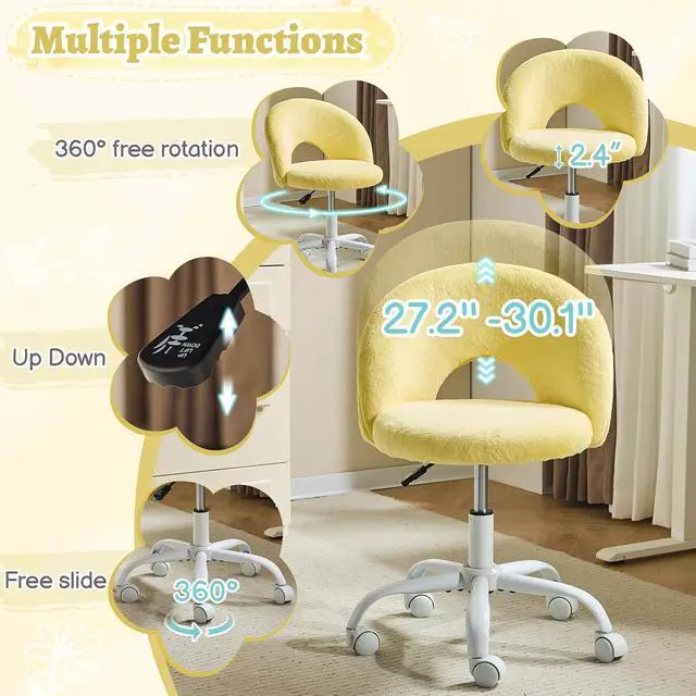 Alt view image 4 of 7 - Small Vanity Chair with Faux Fur Wheels for Girls,Cute Adjustable Height Armless Office Desk Chair,360°Swivel Comfy Rolling for Study,Make up Room,Small Space,Yellow