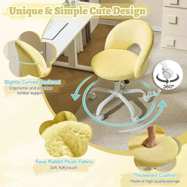 Alt view image 6 of 7 - Small Vanity Chair with Faux Fur Wheels for Girls,Cute Adjustable Height Armless Office Desk Chair,360°Swivel Comfy Rolling for Study,Make up Room,Small Space,Yellow