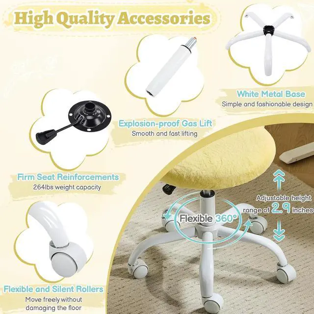 Alt view image 7 of 7 - Small Vanity Chair with Faux Fur Wheels for Girls,Cute Adjustable Height Armless Office Desk Chair,360°Swivel Comfy Rolling for Study,Make up Room,Small Space,Yellow