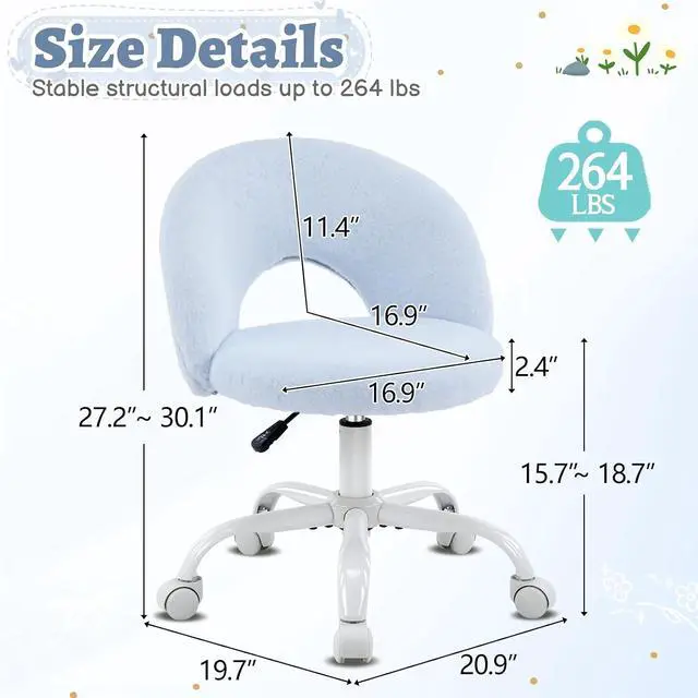 Alt view image 2 of 7 - Small Vanity Chair with Faux Fur Wheels for Girls,Cute Adjustable Height Armless Office Desk Chair,360°Swivel Comfy Rolling for Study,Make up Room,Small Space,Blue