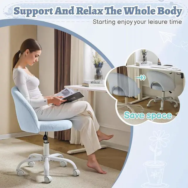 Alt view image 5 of 7 - Small Vanity Chair with Faux Fur Wheels for Girls,Cute Adjustable Height Armless Office Desk Chair,360°Swivel Comfy Rolling for Study,Make up Room,Small Space,Blue