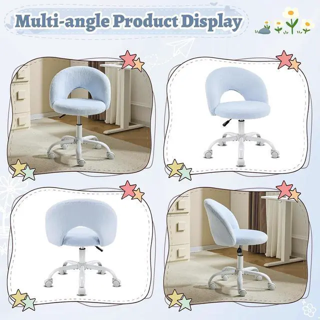 Alt view image 3 of 7 - Small Vanity Chair with Faux Fur Wheels for Girls,Cute Adjustable Height Armless Office Desk Chair,360°Swivel Comfy Rolling for Study,Make up Room,Small Space,Blue