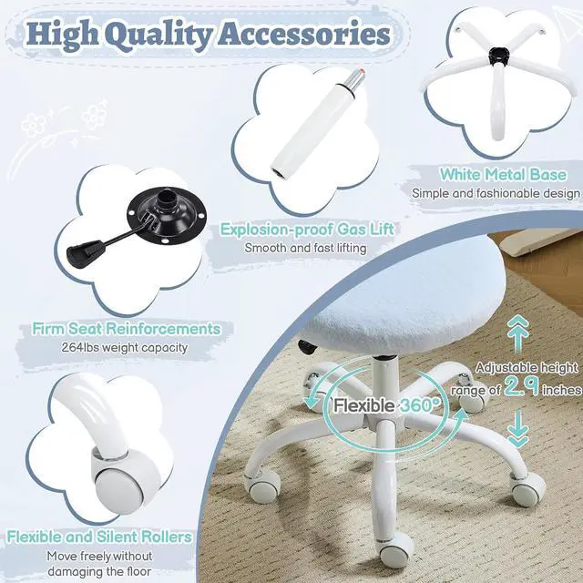 Alt view image 7 of 7 - Small Vanity Chair with Faux Fur Wheels for Girls,Cute Adjustable Height Armless Office Desk Chair,360°Swivel Comfy Rolling for Study,Make up Room,Small Space,Blue