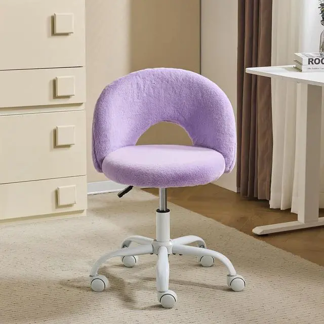 Main image of Small Vanity Chair with Faux Fur Wheels for Girls,Cute Adjustable Height Armless Office Desk Chair,360°Swivel Comfy Rolling for Study,Make up Room,Small Space,Purple