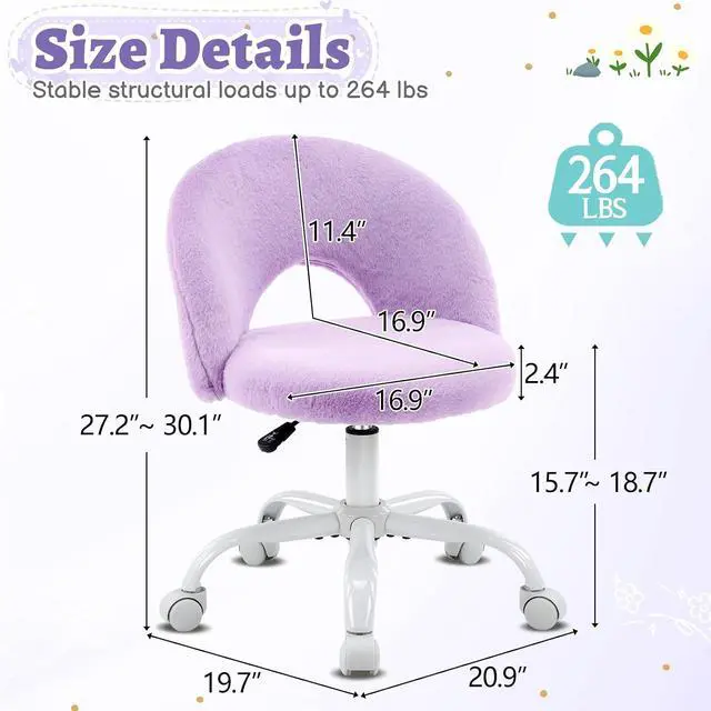 Alt view image 2 of 7 - Small Vanity Chair with Faux Fur Wheels for Girls,Cute Adjustable Height Armless Office Desk Chair,360°Swivel Comfy Rolling for Study,Make up Room,Small Space,Purple