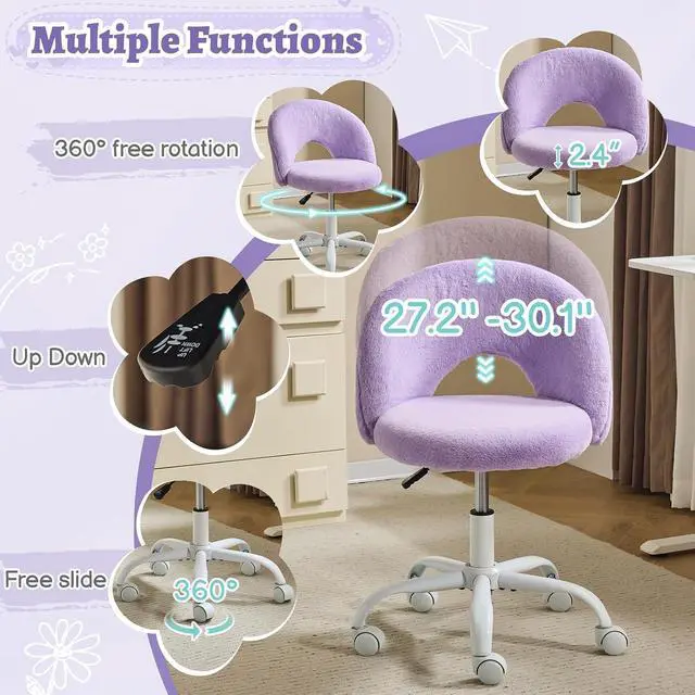 Alt view image 4 of 7 - Small Vanity Chair with Faux Fur Wheels for Girls,Cute Adjustable Height Armless Office Desk Chair,360°Swivel Comfy Rolling for Study,Make up Room,Small Space,Purple