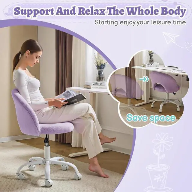Alt view image 5 of 7 - Small Vanity Chair with Faux Fur Wheels for Girls,Cute Adjustable Height Armless Office Desk Chair,360°Swivel Comfy Rolling for Study,Make up Room,Small Space,Purple