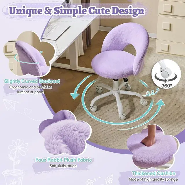 Alt view image 6 of 7 - Small Vanity Chair with Faux Fur Wheels for Girls,Cute Adjustable Height Armless Office Desk Chair,360°Swivel Comfy Rolling for Study,Make up Room,Small Space,Purple