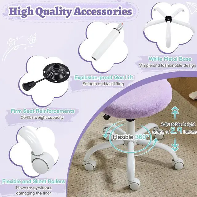 Alt view image 7 of 7 - Small Vanity Chair with Faux Fur Wheels for Girls,Cute Adjustable Height Armless Office Desk Chair,360°Swivel Comfy Rolling for Study,Make up Room,Small Space,Purple