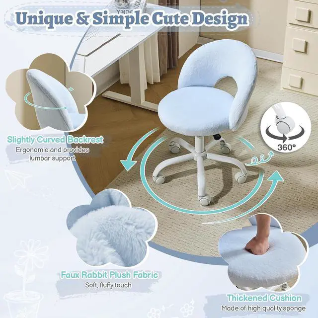 Alt view image 6 of 7 - Small Vanity Chair with Faux Fur Wheels for Girls,Cute Adjustable Height Armless Office Desk Chair,360°Swivel Comfy Rolling for Study,Make up Room,Small Space,Blue