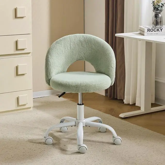 Main image of Small Vanity Chair with Faux Fur Wheels for Girls,Cute Adjustable Height Armless Office Desk Chair,360°Swivel Comfy Rolling for Study,Make up Room,Small Space,Mint Green