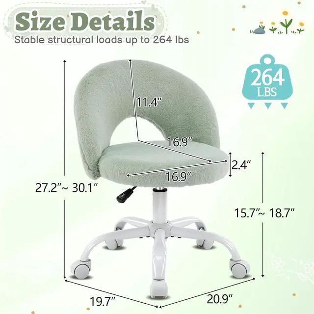 Alt view image 2 of 7 - Small Vanity Chair with Faux Fur Wheels for Girls,Cute Adjustable Height Armless Office Desk Chair,360°Swivel Comfy Rolling for Study,Make up Room,Small Space,Mint Green