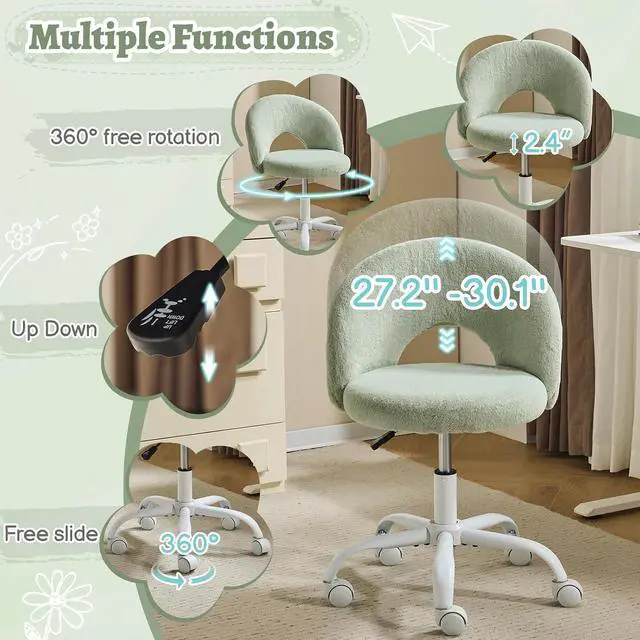 Alt view image 4 of 7 - Small Vanity Chair with Faux Fur Wheels for Girls,Cute Adjustable Height Armless Office Desk Chair,360°Swivel Comfy Rolling for Study,Make up Room,Small Space,Mint Green
