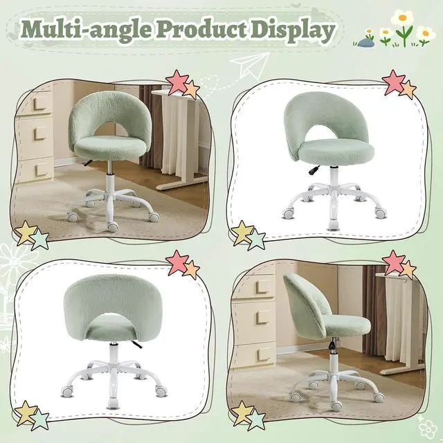 Alt view image 3 of 7 - Small Vanity Chair with Faux Fur Wheels for Girls,Cute Adjustable Height Armless Office Desk Chair,360°Swivel Comfy Rolling for Study,Make up Room,Small Space,Mint Green