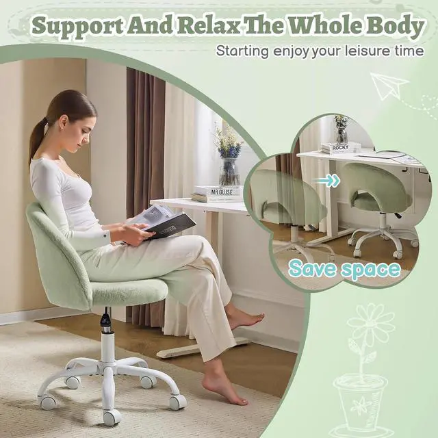 Alt view image 5 of 7 - Small Vanity Chair with Faux Fur Wheels for Girls,Cute Adjustable Height Armless Office Desk Chair,360°Swivel Comfy Rolling for Study,Make up Room,Small Space,Mint Green