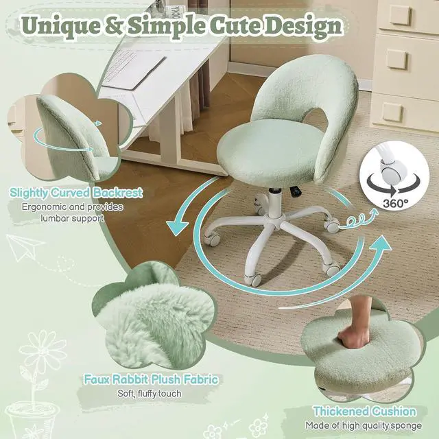 Alt view image 6 of 7 - Small Vanity Chair with Faux Fur Wheels for Girls,Cute Adjustable Height Armless Office Desk Chair,360°Swivel Comfy Rolling for Study,Make up Room,Small Space,Mint Green