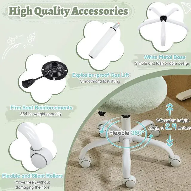 Alt view image 7 of 7 - Small Vanity Chair with Faux Fur Wheels for Girls,Cute Adjustable Height Armless Office Desk Chair,360°Swivel Comfy Rolling for Study,Make up Room,Small Space,Mint Green
