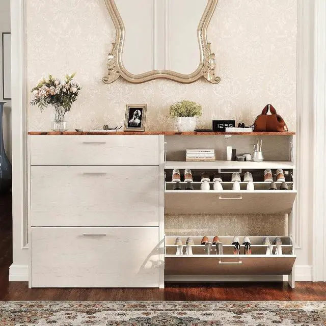 Main image of Set of 2 Rustic White Shoe Cabinet for Entryway, 2-Pack 31.5" W Extra Wide Slim Shoe Organizer with Vintage Brown Top, Modern Farmhouse Wood Shoes Rack, Narrow Freestanding Cabinet for Hallway