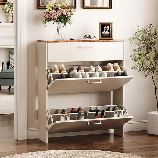 Alt view image 3 of 7 - Set of 2 Rustic White Shoe Cabinet for Entryway, 2-Pack 31.5" W Extra Wide Slim Shoe Organizer with Vintage Brown Top, Modern Farmhouse Wood Shoes Rack, Narrow Freestanding Cabinet for Hallway