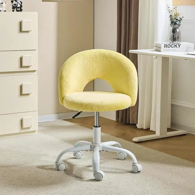 Main image of Small Vanity Chair with Faux Fur Wheels for Girls,Cute Adjustable Height Armless Office Desk Chair,360°Swivel Comfy Rolling for Study,Make up Room,Small Space,Yellow