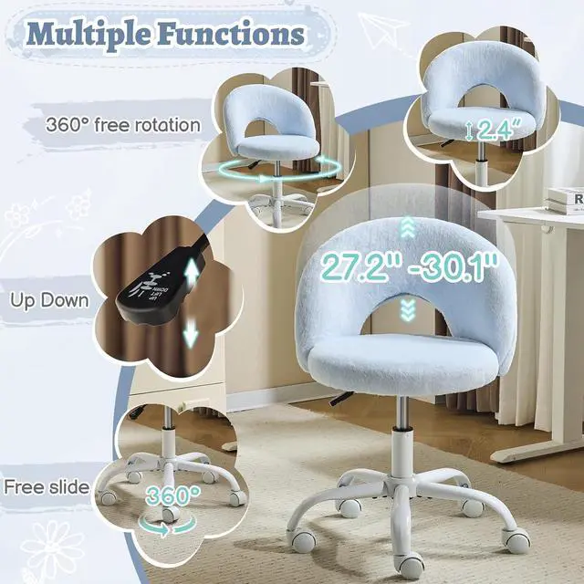 Alt view image 4 of 7 - Small Vanity Chair with Faux Fur Wheels for Girls,Cute Adjustable Height Armless Office Desk Chair,360°Swivel Comfy Rolling for Study,Make up Room,Small Space,Blue