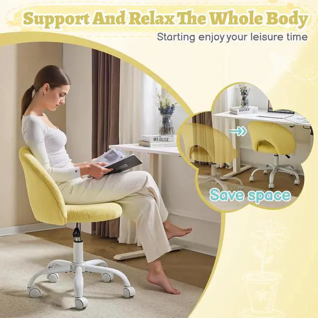 Alt view image 5 of 7 - Small Vanity Chair with Faux Fur Wheels for Girls,Cute Adjustable Height Armless Office Desk Chair,360°Swivel Comfy Rolling for Study,Make up Room,Small Space,Yellow