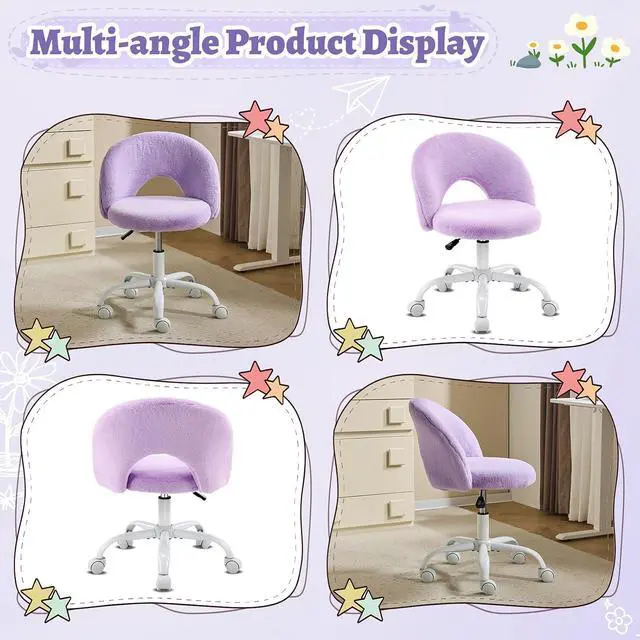 Alt view image 3 of 7 - Small Vanity Chair with Faux Fur Wheels for Girls,Cute Adjustable Height Armless Office Desk Chair,360°Swivel Comfy Rolling for Study,Make up Room,Small Space,Purple