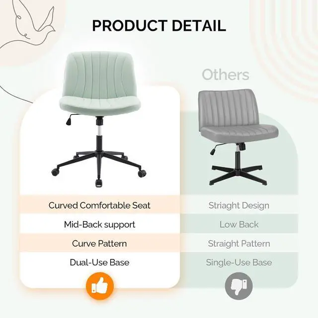 Alt view image 4 of 7 - Criss Cross Legged Chair,Wide Comfy Office Desk Chair,Dual-Use with/no Wheels Computer Task Chair,Swivel Armless Vanity Rolling Chair for Study,Make Up,Home Office,Cat Scratch PU,Mint Green