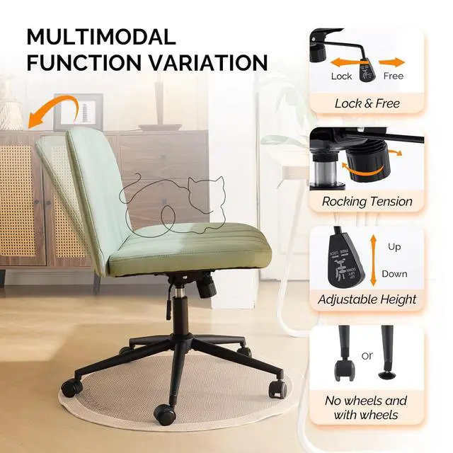 Alt view image 6 of 7 - Criss Cross Legged Chair,Wide Comfy Office Desk Chair,Dual-Use with/no Wheels Computer Task Chair,Swivel Armless Vanity Rolling Chair for Study,Make Up,Home Office,Cat Scratch PU,Mint Green