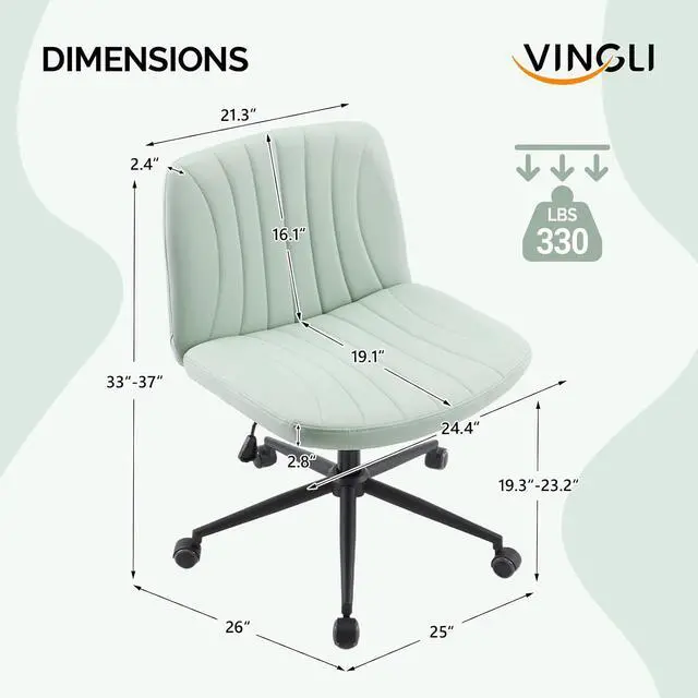 Alt view image 2 of 7 - Criss Cross Legged Chair,Wide Comfy Office Desk Chair,Dual-Use with/no Wheels Computer Task Chair,Swivel Armless Vanity Rolling Chair for Study,Make Up,Home Office,Cat Scratch PU,Mint Green