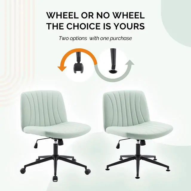 Alt view image 3 of 7 - Criss Cross Legged Chair,Wide Comfy Office Desk Chair,Dual-Use with/no Wheels Computer Task Chair,Swivel Armless Vanity Rolling Chair for Study,Make Up,Home Office,Cat Scratch PU,Mint Green