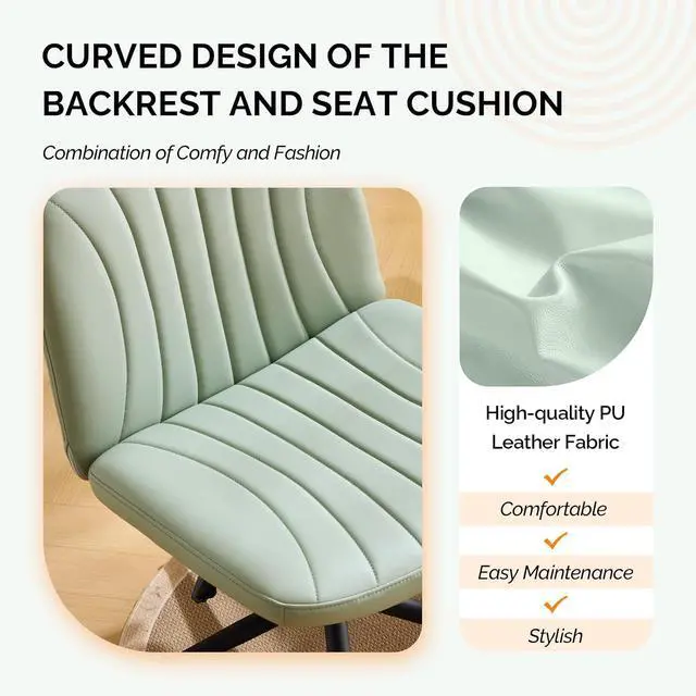 Alt view image 5 of 7 - Criss Cross Legged Chair,Wide Comfy Office Desk Chair,Dual-Use with/no Wheels Computer Task Chair,Swivel Armless Vanity Rolling Chair for Study,Make Up,Home Office,Cat Scratch PU,Mint Green