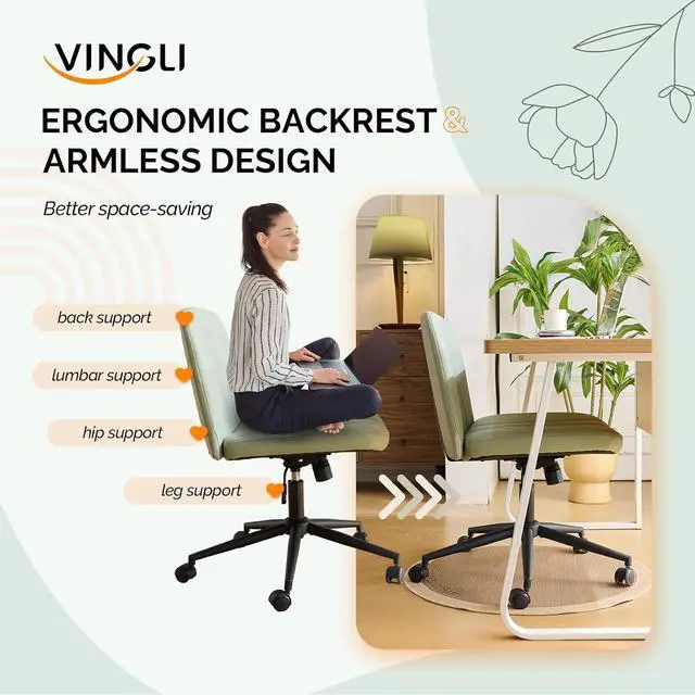 Alt view image 7 of 7 - Criss Cross Legged Chair,Wide Comfy Office Desk Chair,Dual-Use with/no Wheels Computer Task Chair,Swivel Armless Vanity Rolling Chair for Study,Make Up,Home Office,Cat Scratch PU,Mint Green