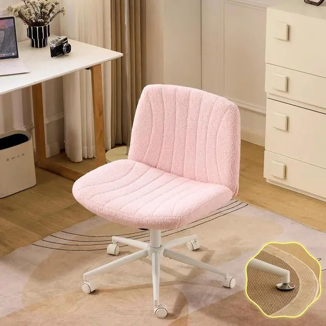 Main image of Criss Cross Legged Chair,Wide Comfy Office Desk Chair,Dual-Use with/no Wheels Computer Task Chair,Swivel Armless Vanity Boucle Chair for Study,Make Up,Home Office,Teddy Fleece,Pink