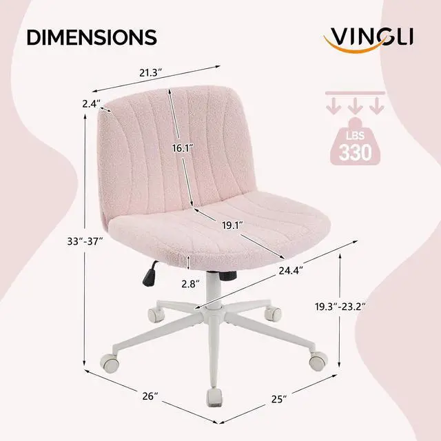 Alt view image 2 of 7 - Criss Cross Legged Chair,Wide Comfy Office Desk Chair,Dual-Use with/no Wheels Computer Task Chair,Swivel Armless Vanity Boucle Chair for Study,Make Up,Home Office,Teddy Fleece,Pink