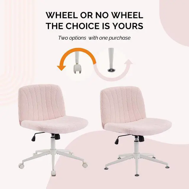 Alt view image 3 of 7 - Criss Cross Legged Chair,Wide Comfy Office Desk Chair,Dual-Use with/no Wheels Computer Task Chair,Swivel Armless Vanity Boucle Chair for Study,Make Up,Home Office,Teddy Fleece,Pink