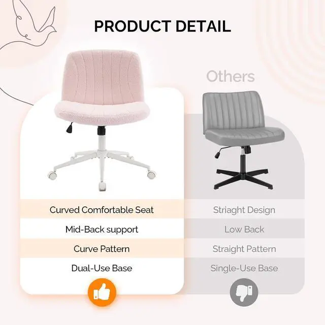 Alt view image 4 of 7 - Criss Cross Legged Chair,Wide Comfy Office Desk Chair,Dual-Use with/no Wheels Computer Task Chair,Swivel Armless Vanity Boucle Chair for Study,Make Up,Home Office,Teddy Fleece,Pink