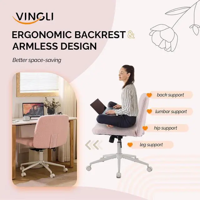 Alt view image 7 of 7 - Criss Cross Legged Chair,Wide Comfy Office Desk Chair,Dual-Use with/no Wheels Computer Task Chair,Swivel Armless Vanity Boucle Chair for Study,Make Up,Home Office,Teddy Fleece,Pink